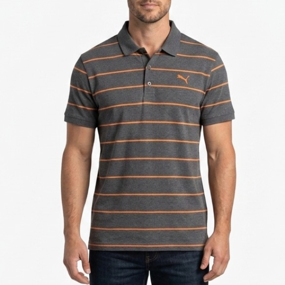 Puma Striped Polo Shirt Men’s Large Gray Orange Logo Short Sleeve Casual‎ Golf